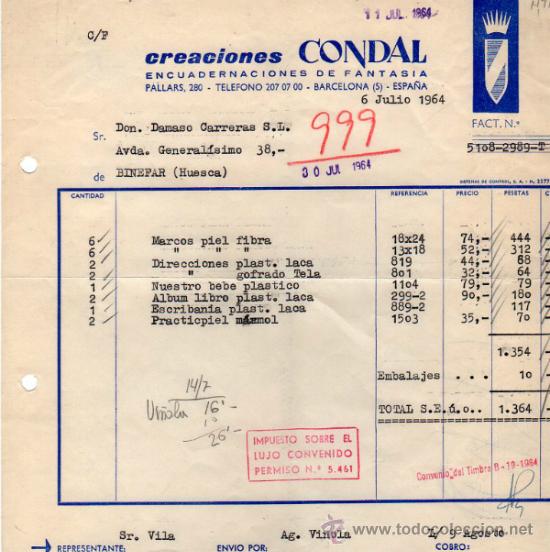 Factures anciennes: FACTURA DE CREACIONES CONDAL. ENCUADERNACIONES DE FANTASIA.  BARCELONA 1964