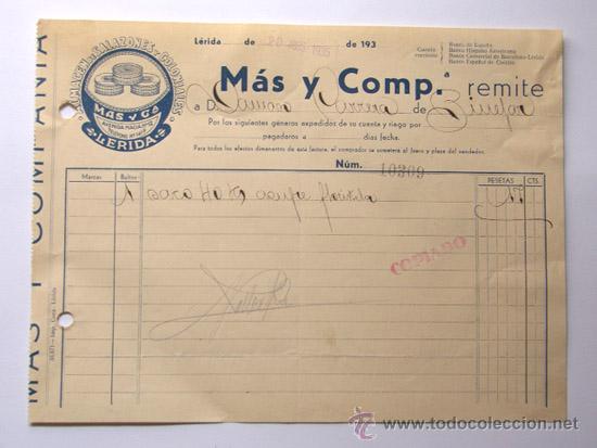Facturas antiguas: FACTURA / ALMACEN DE SALAZONES Y COLONIALES / MAS Y COMP&ordf;. / LERIDA 1935