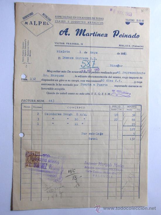 Facturas antiguas: FACTURA / COLADORES DE TODAS CLASES / MALPEL / A. MARTINEZ PEINADO / MISLATA 1963 / VALENCIA