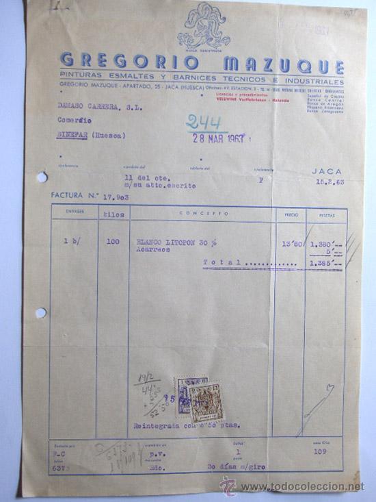 Facturas antiguas: FACTURA / PINTURAS ESMALTES / GREGORIO MAZUQUE / JACA 1963 / HUESCA