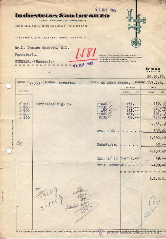 Factures anciennes: FACTURA DE INDUSTRIAS SAN LORENZO. ERMUA (VIZCAYA) 1965