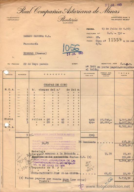 Factures anciennes: FACTURA DE REAL COMPA&Ntilde;IA ASTURIANA DE MINAS. RENTER&Iacute;A (GUIPUZCOA) 1965