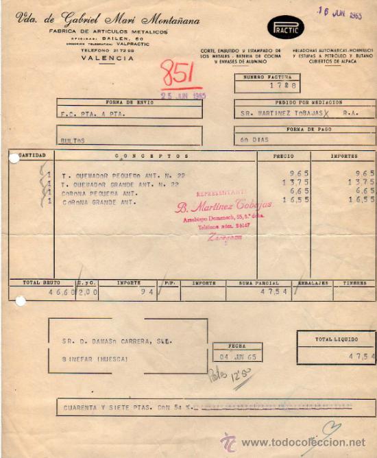 Factures anciennes: FACTURA DE VDA. DE GABRIEL MAR&Iacute; MONTA&Ntilde;ANA. FABRICA DE ARTICULOS METALICOS. VALENCIA 1965