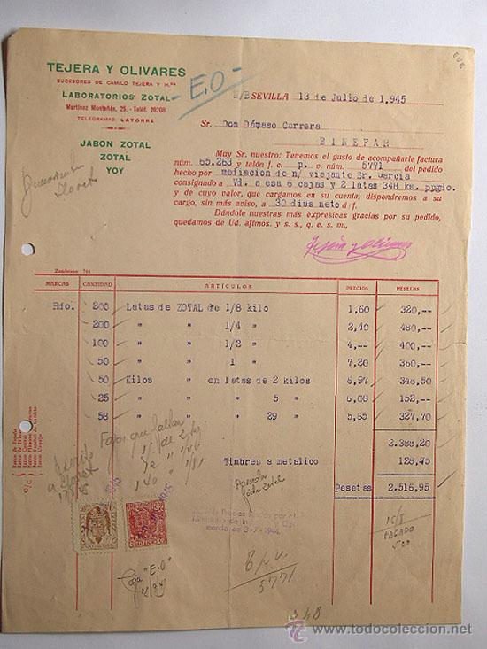 Facturas antiguas: FACTURA / JABON ZOTAL / ZOTAL / YOY / TEJERA Y OLIVARES / SEVILLA 1945 / ANDALUCIA