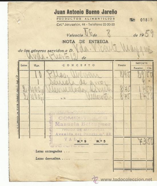 Fatture antiche: FACTURA DE JUAN ANTONIO BUENO JARE&Ntilde;O. PRODUCTOS ALIMENTICIOS. VALENCIA. 1959