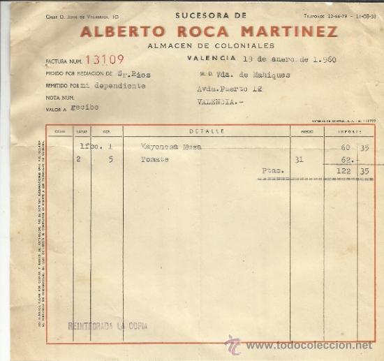 Fatture antiche: FACTURA DE SUCESORA DE ALBERTO ROCA MART&Iacute;NEZ. ALMAC&Eacute;N DE COLONIALES. VALENCIA. 1960