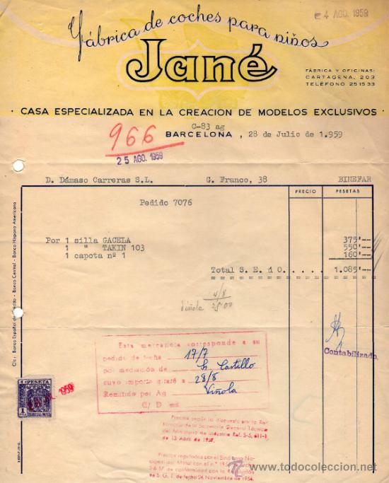 Fatture antiche: FACTURA DE JAN&Eacute;. FABRICA DE COCHE DE NI&Ntilde;OS. BARCELONA  1959