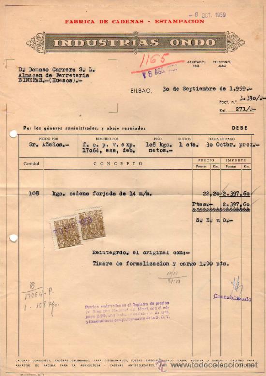 Fatture antiche: FACTURA DE INDUSTRIAS &rdquo;ONDO&rdquo;. FABRICA DE CADENAS - ESTAMPACION. BILBAO 1959