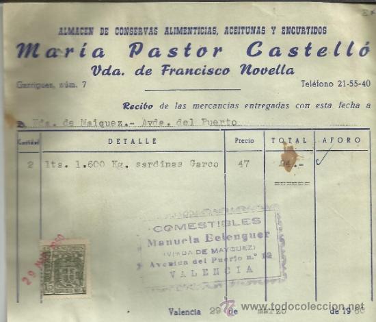 Fatture antiche: FACTURA DE MAR&Iacute;A PASTOR CASTELL&Oacute;. VIUDA DE FRANCISCO NOVELLA. ALMAC&Eacute;N DE CONSERVAS. VALENCIA. 1960