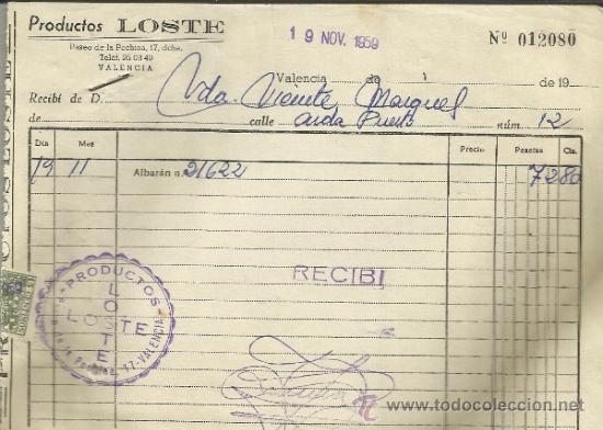 Fatture antiche: FACTURA DE PRODUCTOS LOSTE. VALENCIA. 1959
