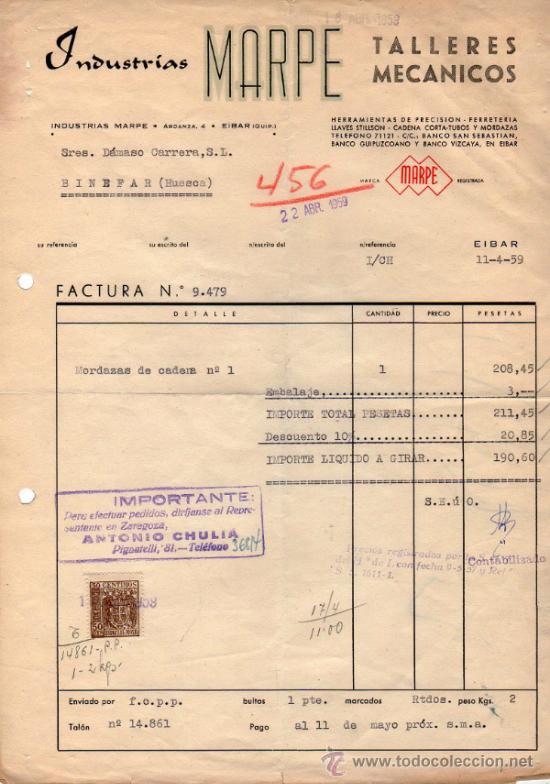 Facturas antiguas: FACTURA DE INDUSTRIAS MARPE. TALLERES MEC&Aacute;NICOS. EIBAR 1959