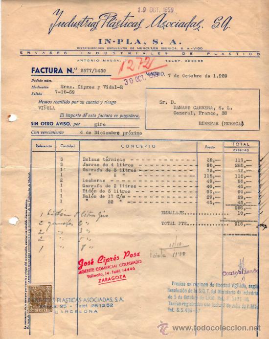 Facturas antiguas: FACTURA DE INDUSTRIAS PLASTICAS ASOCIADAS, S. A. MADRID 1959