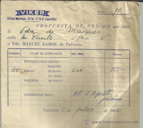 Facturas antiguas: FACTURA DE VIKER. VALENCIA. 1960 - Foto 1