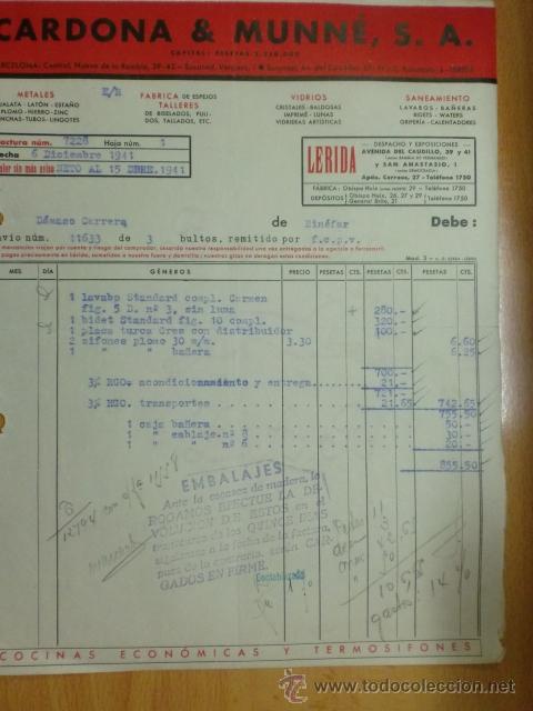 Fatture antiche: FACTURA DE CARDONA Y MUNE, S. A. METALES, FABRICA DE ESPEJOS, VIDRIOS, SANEAMIENTO. LERIDA 1941.