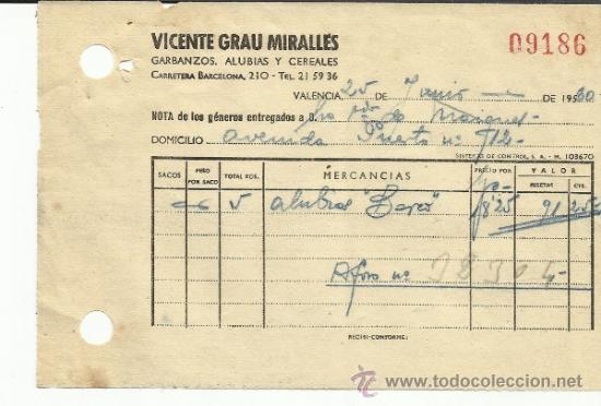 Fatture antiche: FACTURA DE VICENTE GRAU MIRALLES. GARBANZOS, ALUBIAS Y CEREALES. VALENCIA. 1960