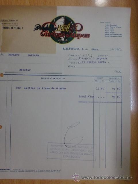 Fatture antiche: FACTURA DE ENRIQUE SENPAU. PRODUCTOS BINABE. LERIDA 1941.