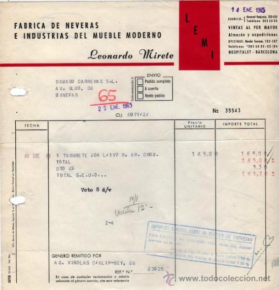 Facturas antiguas: FACTURA DE LEONARDO MIRETE. FABRICA DE NEVERAS E INDUSTRIAS DEL MUEBLE MODERNO. BARCELONA 1965