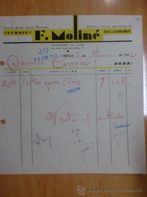 Facturas antiguas: FACTURA DE F. MOLINE. HIJOS DE EUSEBIO MARTI. YUKOIL. LERIDA 1942.