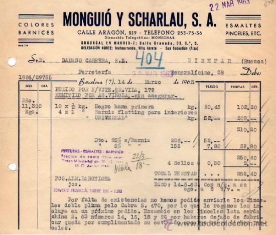 Facturas antiguas: FACTURA DE MONGUI&Oacute; Y SCHARLAU, S. A.  BARCELONA 1963