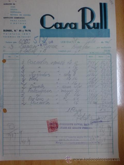 Facturas antiguas: FACTURA DE CASA RULL. ALMACEN DE LOZA, CRISTAL, PORCELANA, BATERIA DE COCINA. LERIDA 1945.