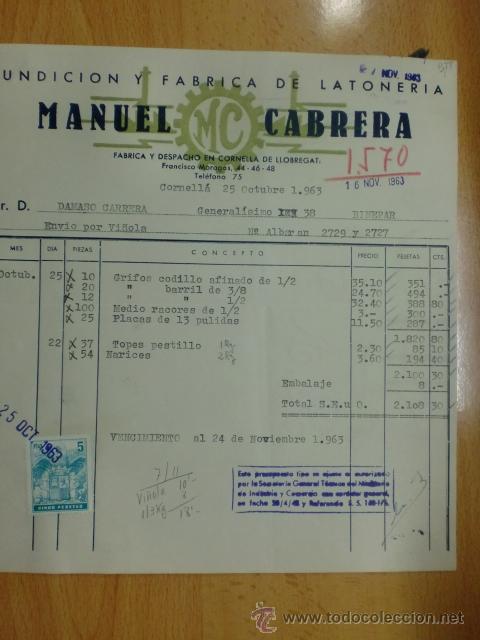 Facturas antiguas: FACTURA DE MANUEL CABRERA. FUNDICION Y FABRICA DE LATONERIA. CORNELLA 1963.