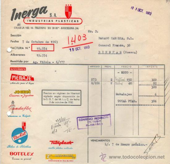 Facturas antiguas: FACTURA DE INERGA, S. A. INDUSTRIAS PLASTICAS. BARCELONA 1963