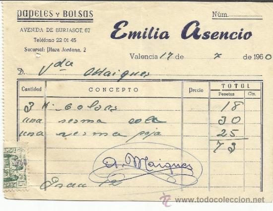 Facturas antiguas: FACTURA DE EMILIA ASENCIO. PAPELES Y BOLSAS. VALENCIA. 1960