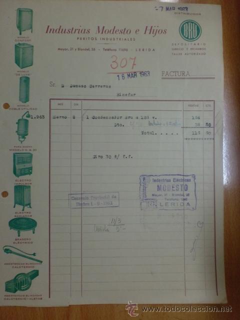 Facturas antiguas: FACTURA DE INDUSTRIAS MODESTO E HIJOS. PERITOS INDUSTRIALES. LERIDA. 1963.