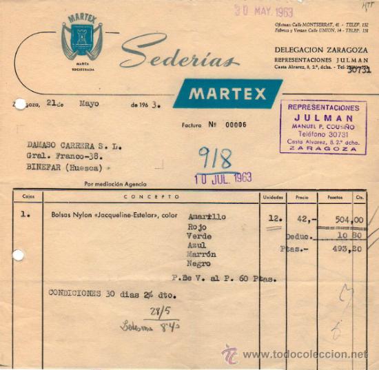 Facturas antiguas: FACTURA DE MARTEX. SEDER&Iacute;AS. ZARAGOZA 1963