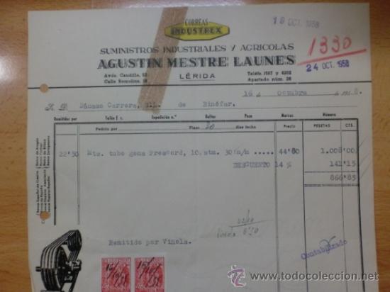 Facturas antiguas: FACTURA DE AGUSTIN MESTRE LAUNES. SUMINISTROS INDUSTRIALES Y AGRICOLAS. LERIDA 1958