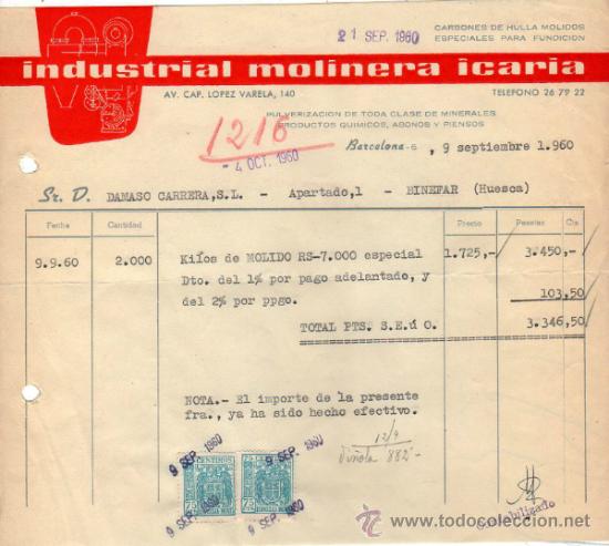 Facturas antiguas: FACTURA DE INDUSTRIAL MOLINERA ICARIA. BARCELONA 1960