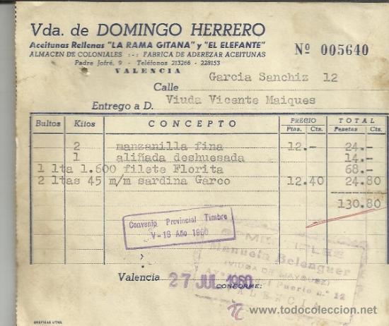Facturas antiguas: FACTURA DE VIUDA DE DOMINGO HERRERO. ACEITUNAS RELLENAS &rdquo;LA RAMA GITANA&rdquo;. VALENCIA. 1960