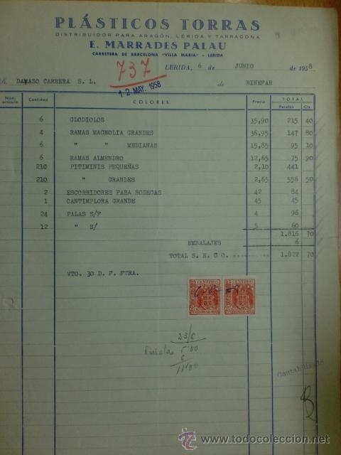 Facturas antiguas: FACTURA DE E. MARRADES PALAU. PLASTICOS TORRAS. LERIDA 1958