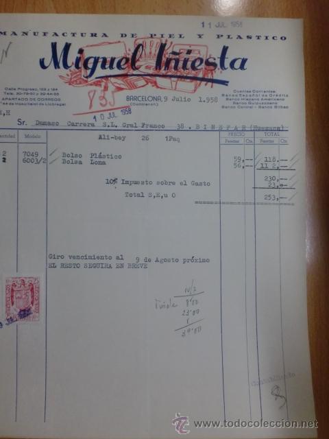 Facturas antiguas: FACTURA DE MIGUEL INIESTA. BARCELONA1958