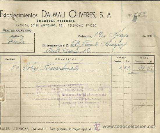 Facturas antiguas: FACTURAS DE ESTABLECIMIENTOS DALMAU OLIVERES S.A. VALENCIA. 1960