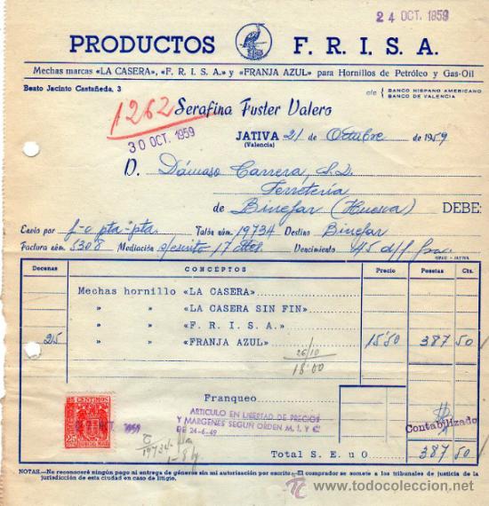 Facturas antiguas: FACTURA DE SERAFINA FUSTER VALERO. PRODUCTOS F. R. I. S. A. JAVITA ( VALENCIA) 1859