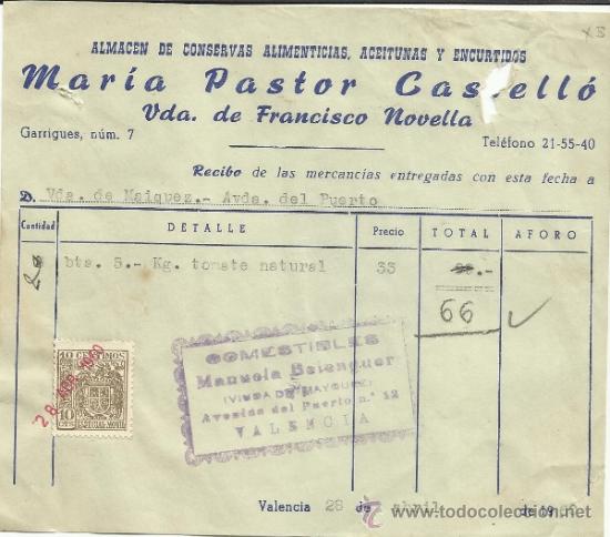 Facturas antiguas: FACTURA DE MAR&Iacute;A PASTOR CASTELL&Oacute;. VIUDA DE FRANCISCO NOVELLA. ALMAC&Eacute;N DE CONSERVAS. VALENCIA. 1960