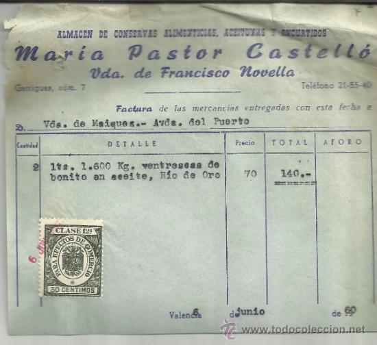 Facturas antiguas: FACTURA DE MAR&Iacute;A PASTOR CASTELL&Oacute;. VIUDA DE FRANCISCO NOVELLA. ALMAC&Eacute;N DE CONSERVAS. VALENCIA. 1960