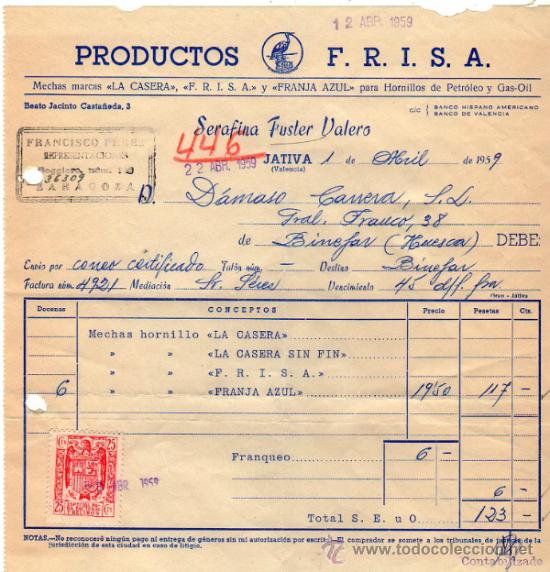 Facturas antiguas: FACTURA DE SERAFINA FUSTER VALERO. PRODUCTOS  F. R. I. S. A. JAVITA (VALENCIA) 1959