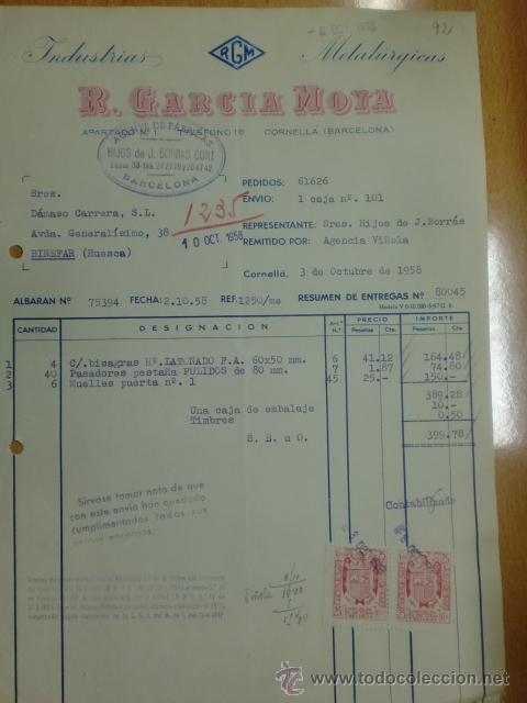 Facturas antiguas: FACTURA DE R. GARCIA MOYA. INDUSTRIAS METALURGICAS. BARCELONA 1958.