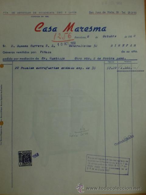 Fatture antiche: FACTURA DE CASA MARESMA. FCA. DE ARTICULOS DE HOJALATA, ZINC Y LATON. BARCELONA 1958.