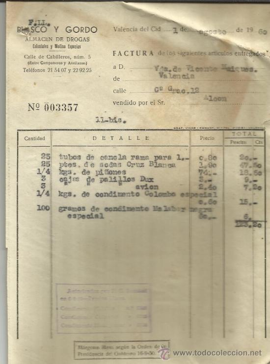 Fatture antiche: FACTURA DE BLASCO Y GORDO. ALMAC&Eacute;N DE DROGAS. VALENCIA. 1960