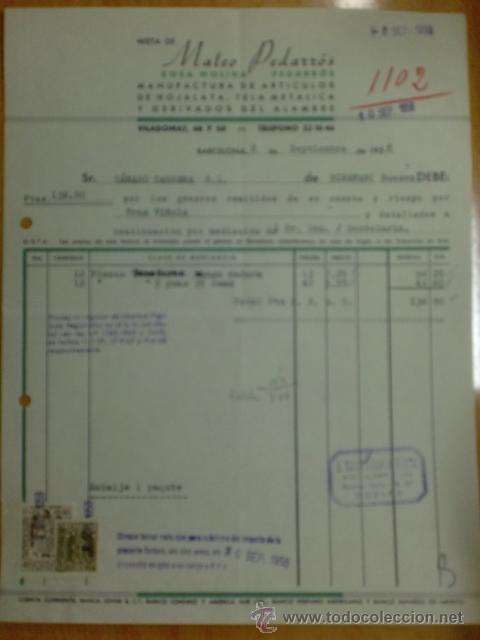 Fatture antiche: FACTURA DE NIETA DE MATEO PEDARROS. ROSA MOLINA PADARROS. HOJALATERIA. BARCELONA. 1958.