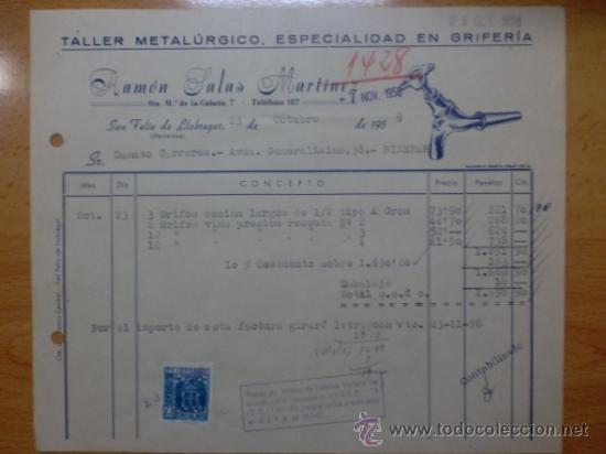 Fatture antiche: FACTURA DE RAMON SALAS MARTINEZ. TALLER METALURGICO, GRIFERIA. SAN FELIU DE LLOBREGAT. 1958.