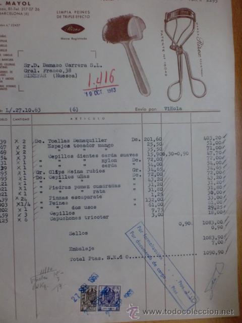 Fatture antiche: FACTURA DE J. MAYOL. FABRICACION ANEXOS PERFUMERIA Y SIMILARES. BARCELONA. 1963.