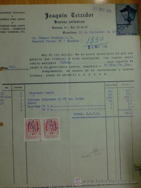 Old Invoices: FACTURA DE JOAQUIN TEIXIDOR. HIERROS ARTISTICOS. LAMPARAS FORJADAS, FAROLES. BARCELONA. 1955.