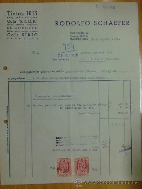 Old Invoices: FACTURA DE RODOLFO SCHAEFER. TINTES IRIS PARA TE&Ntilde;IR EN CASA. BARCELONA. 1955.