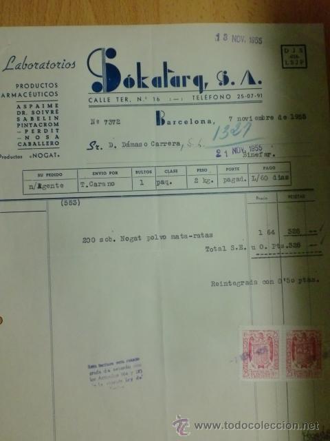 Old Invoices: FACTURA DE LABORATORIO SOKATARQ, S. A. PRODUCTOS FARMACEUTICOS. BARCELONA. 1955.