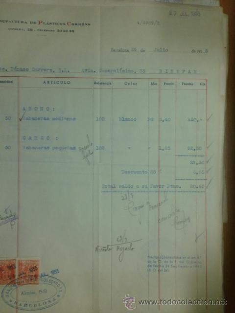 Old Invoices: FACTURA DE MANUFACTURA DE PLASTICOS CORRONS. BARCELONA. 1955.