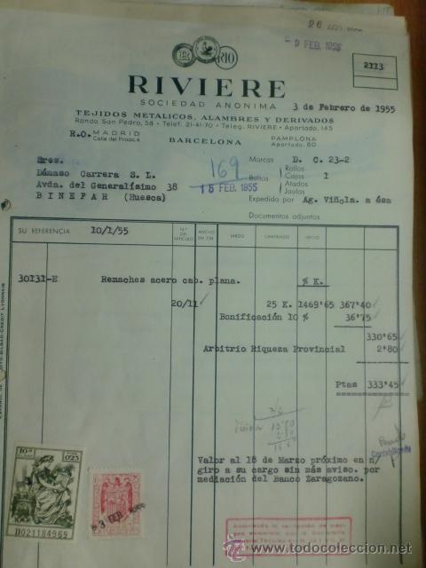 Old Invoices: FACTURA DE RIVIERE, S. A. TEJIDOS METALICOS, ALAMBRES Y DERIVADOS. BARCELONA. 1955.